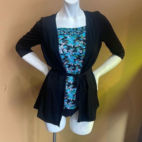 5th East ladies 2 in 1 Blouse Cardigan Long Sleeve Black, blue and grey size PM - Picture 1 of 10